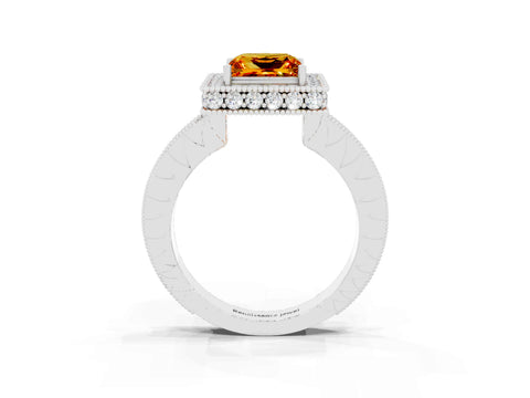 White gold Princess Cut Halo Diamond Engagement Ring with Milgrain Pave Band and Four-Prong Setting_3