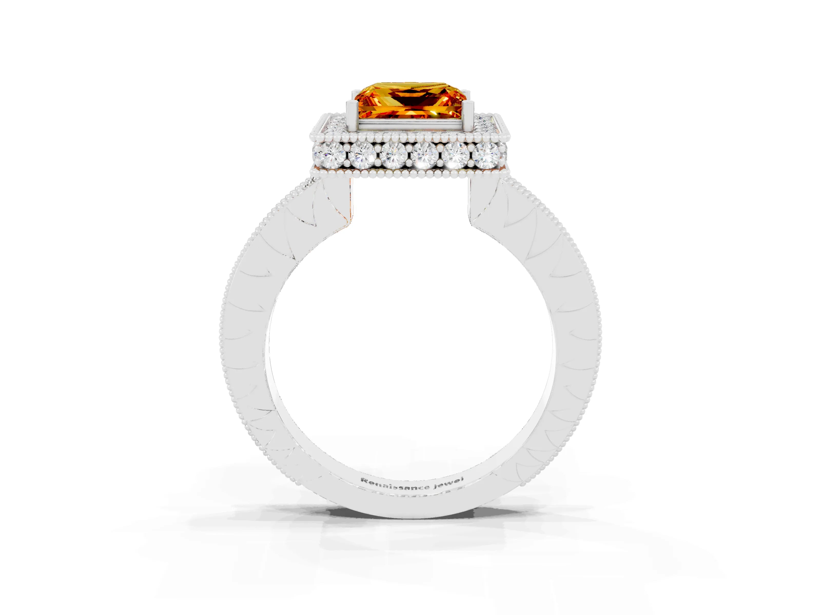 White gold Princess Cut Halo Diamond Engagement Ring with Milgrain Pave Band and Four-Prong Setting_3