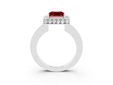 White gold Princess Cut Halo Diamond Engagement Ring with Milgrain Pave Band and Four-Prong Setting_3