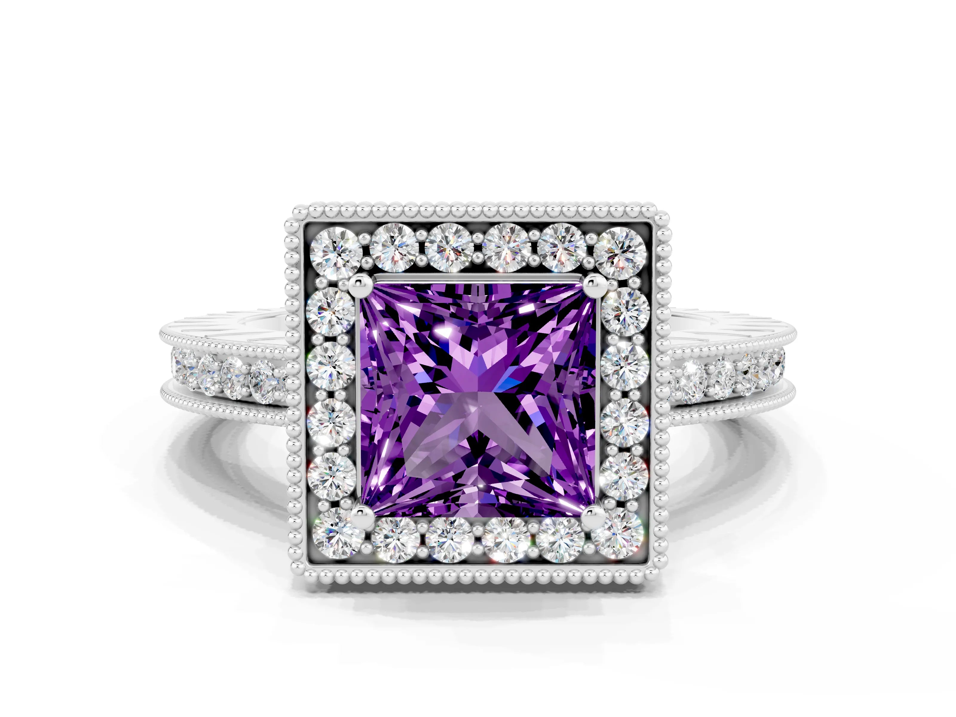 White gold Princess Cut Halo Diamond Engagement Ring with Milgrain Pave Band and Four-Prong Setting