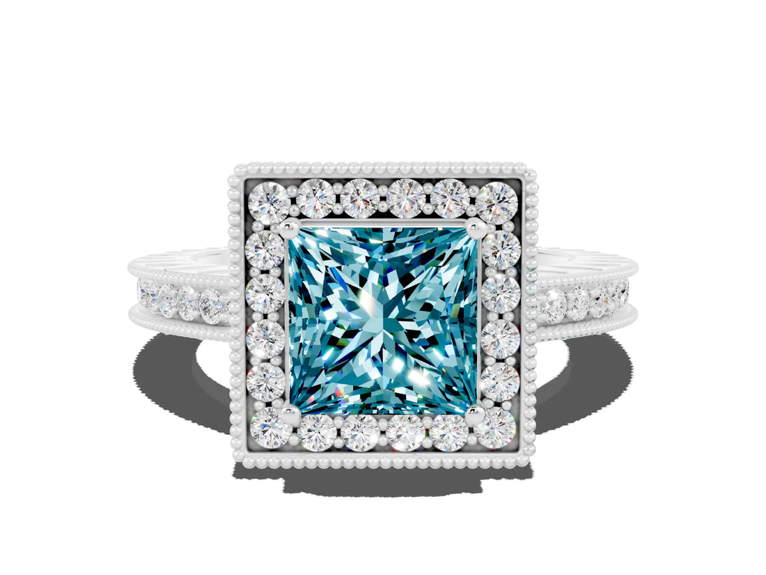 White gold Princess Cut Halo Diamond Engagement Ring with Milgrain Pave Band and Four-Prong Setting