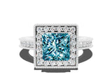 White gold Princess Cut Halo Diamond Engagement Ring with Milgrain Pave Band and Four-Prong Setting