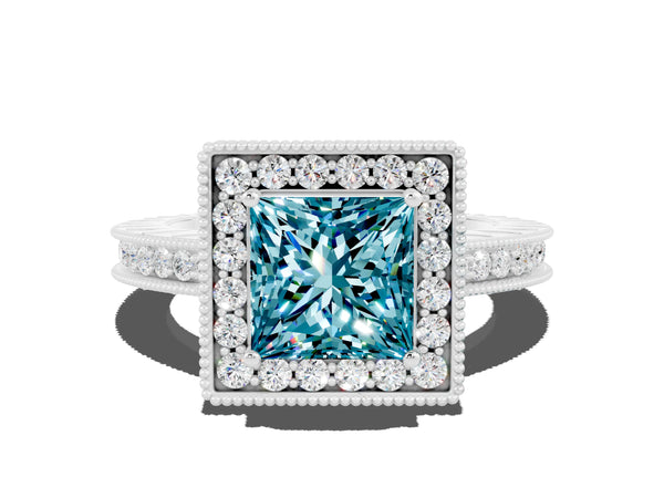 Platinum Princess Cut Halo Diamond Engagement Ring with Milgrain Pave Band and Four-Prong Setting