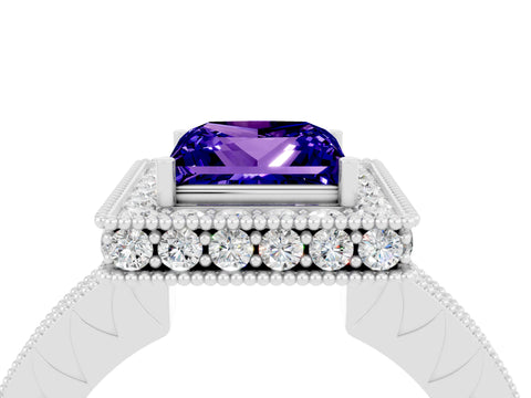 White gold Princess Cut Halo Diamond Engagement Ring with Milgrain Pave Band and Four-Prong Setting_4