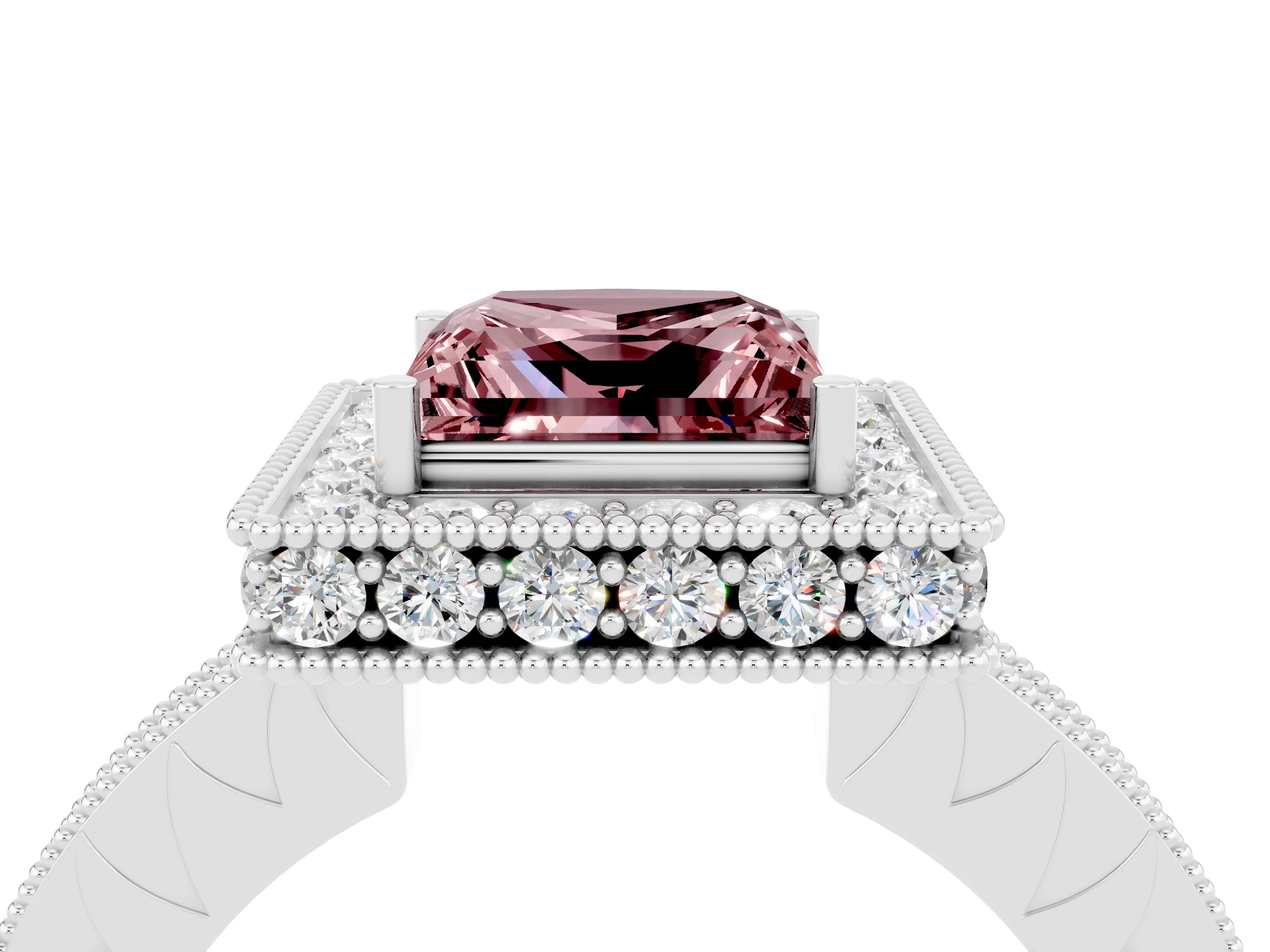 White gold Princess Cut Halo Diamond Engagement Ring with Milgrain Pave Band and Four-Prong Setting_4