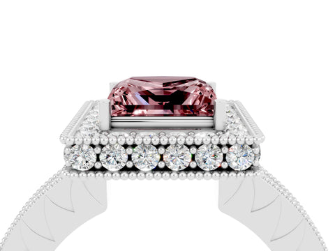 White gold Princess Cut Halo Diamond Engagement Ring with Milgrain Pave Band and Four-Prong Setting_4
