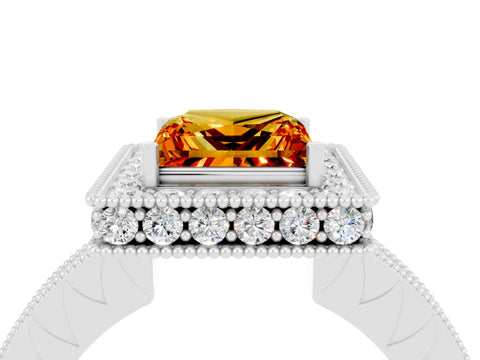 White gold Princess Cut Halo Diamond Engagement Ring with Milgrain Pave Band and Four-Prong Setting_4