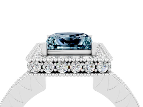 White gold Princess Cut Halo Diamond Engagement Ring with Milgrain Pave Band and Four-Prong Setting_4