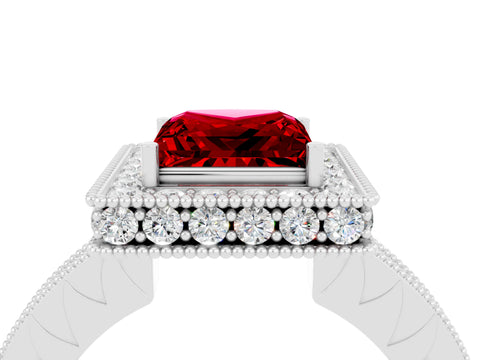 White gold Princess Cut Halo Diamond Engagement Ring with Milgrain Pave Band and Four-Prong Setting_4
