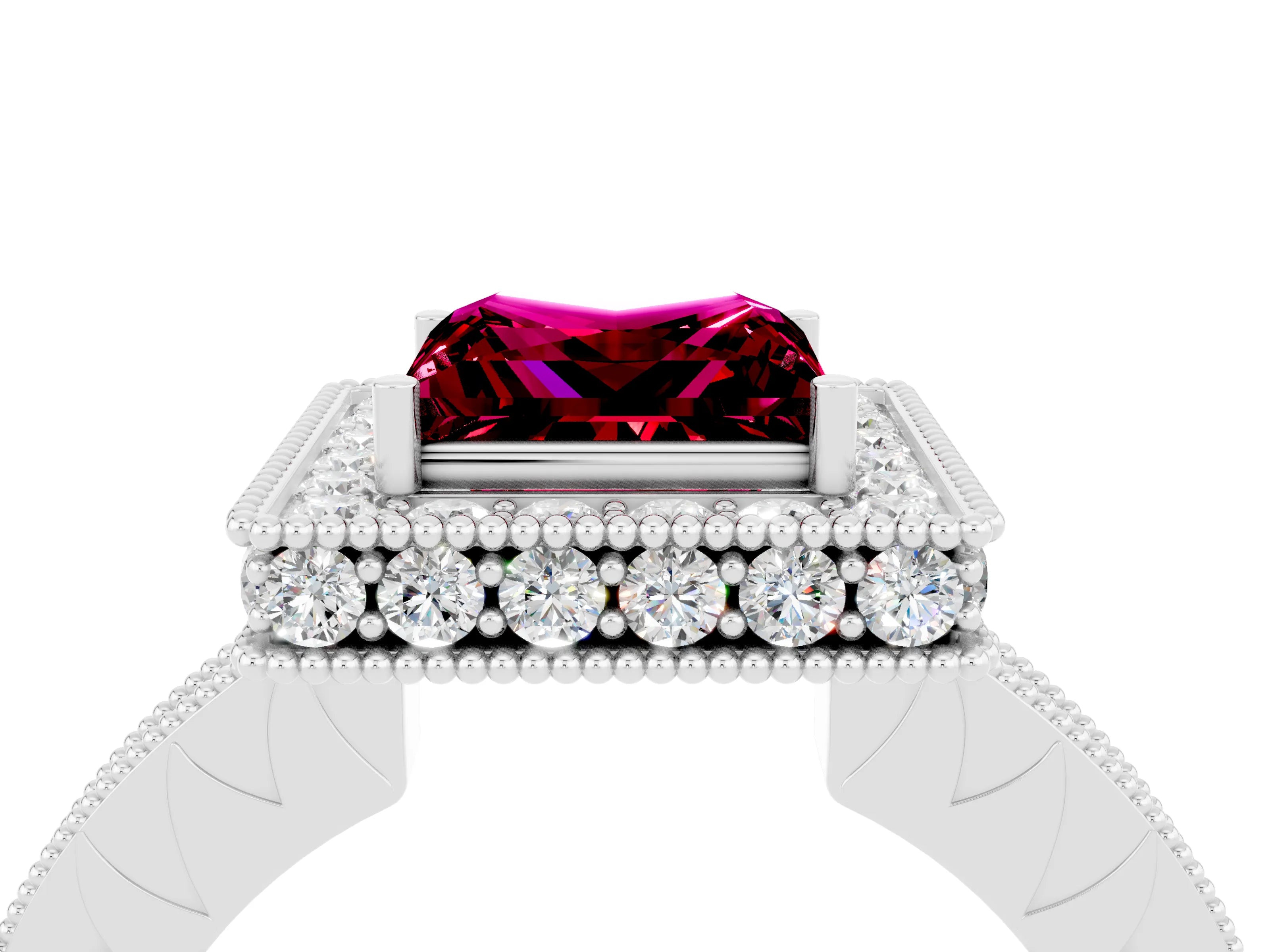 White gold Princess Cut Halo Diamond Engagement Ring with Milgrain Pave Band and Four-Prong Setting_4