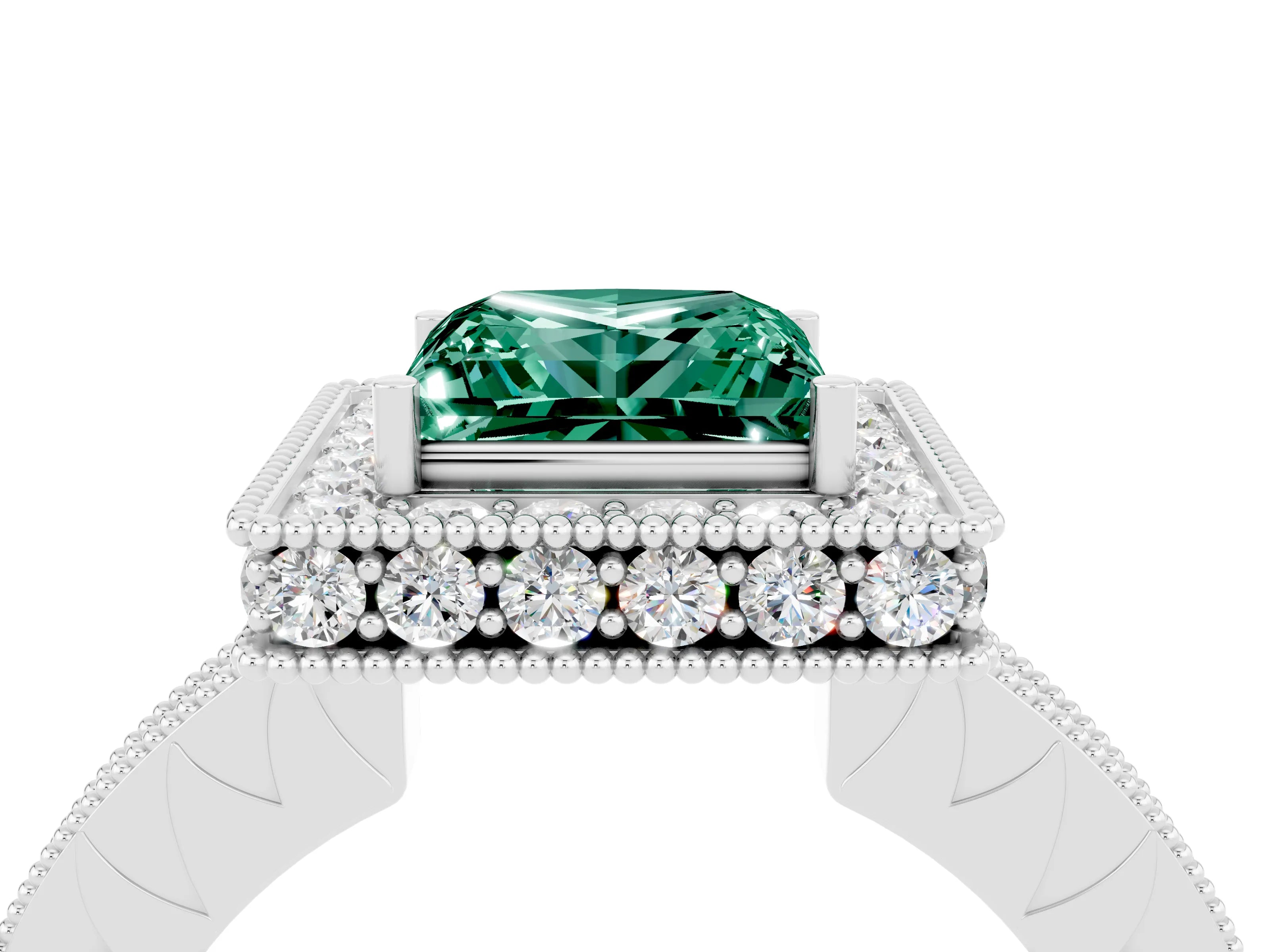 White gold Princess Cut Halo Diamond Engagement Ring with Milgrain Pave Band and Four-Prong Setting_4