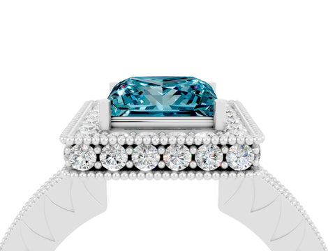 White gold Princess Cut Halo Diamond Engagement Ring with Milgrain Pave Band and Four-Prong Setting_4