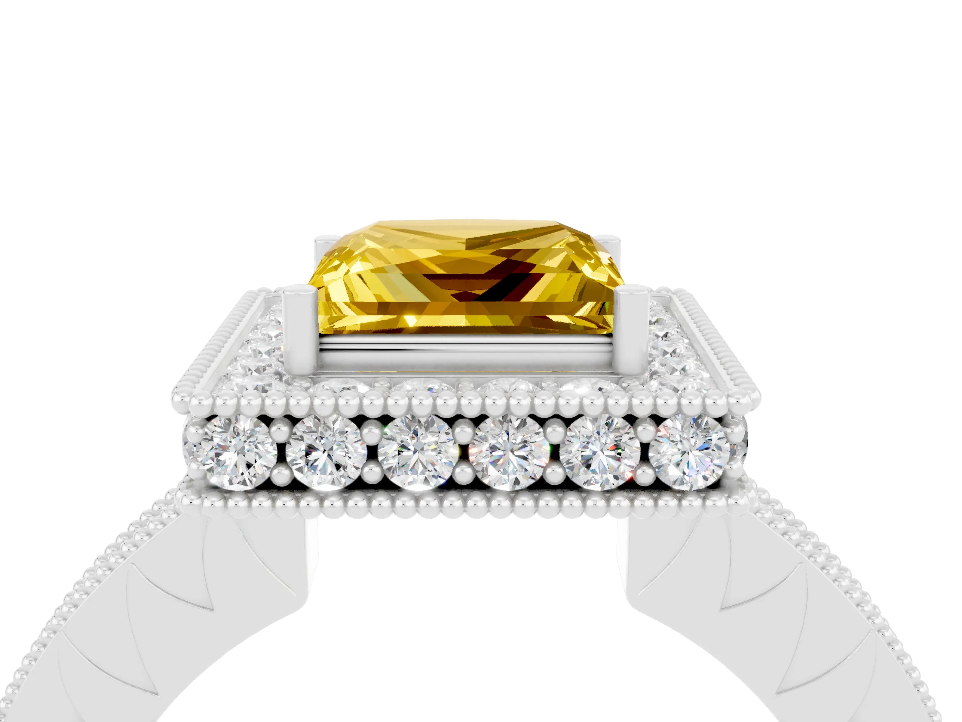 White gold Princess Cut Halo Diamond Engagement Ring with Milgrain Pave Band and Four-Prong Setting_4