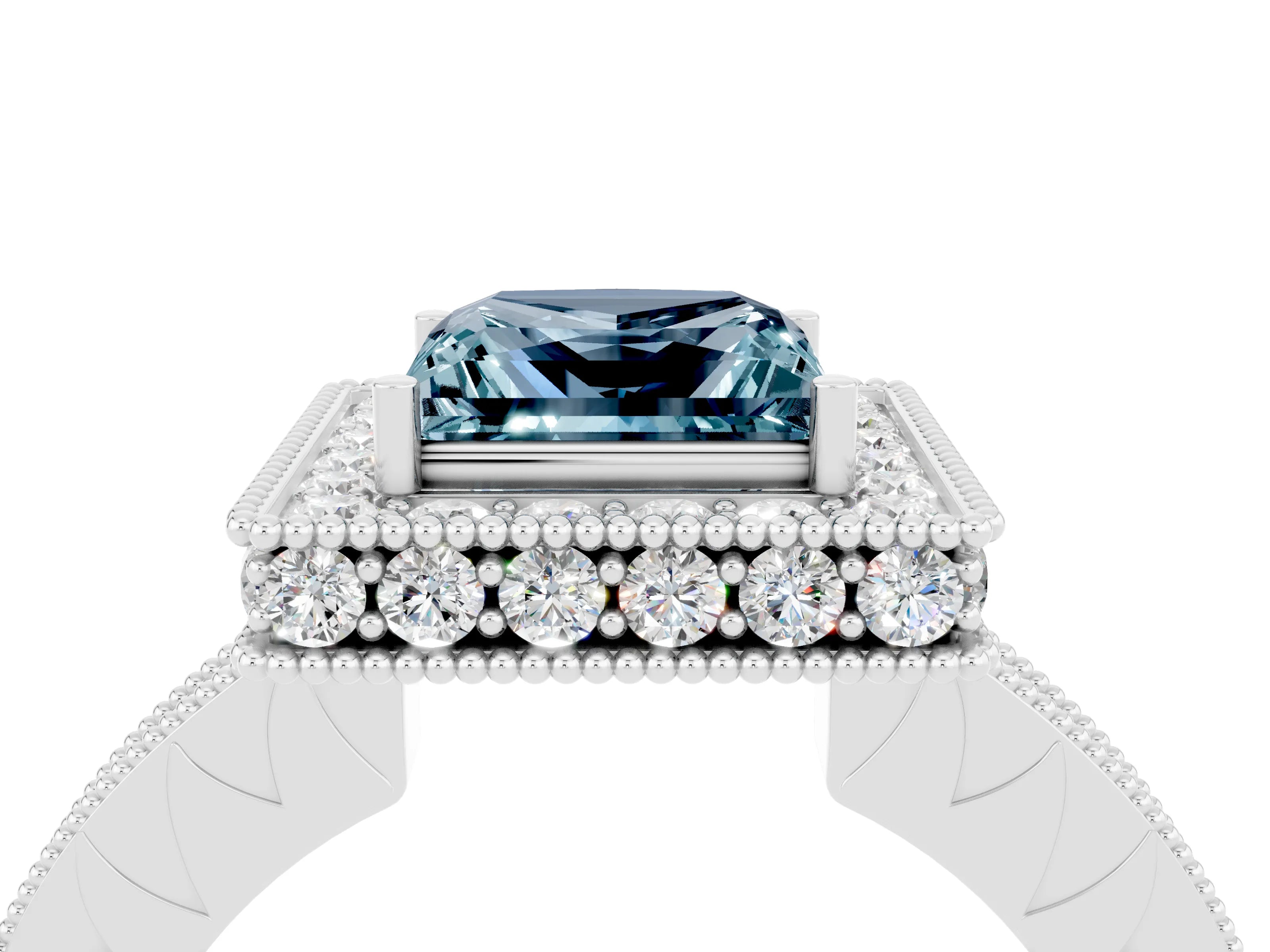 White gold Princess Cut Halo Diamond Engagement Ring with Milgrain Pave Band and Four-Prong Setting_4