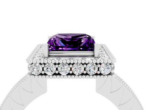 White gold Princess Cut Halo Diamond Engagement Ring with Milgrain Pave Band and Four-Prong Setting_4