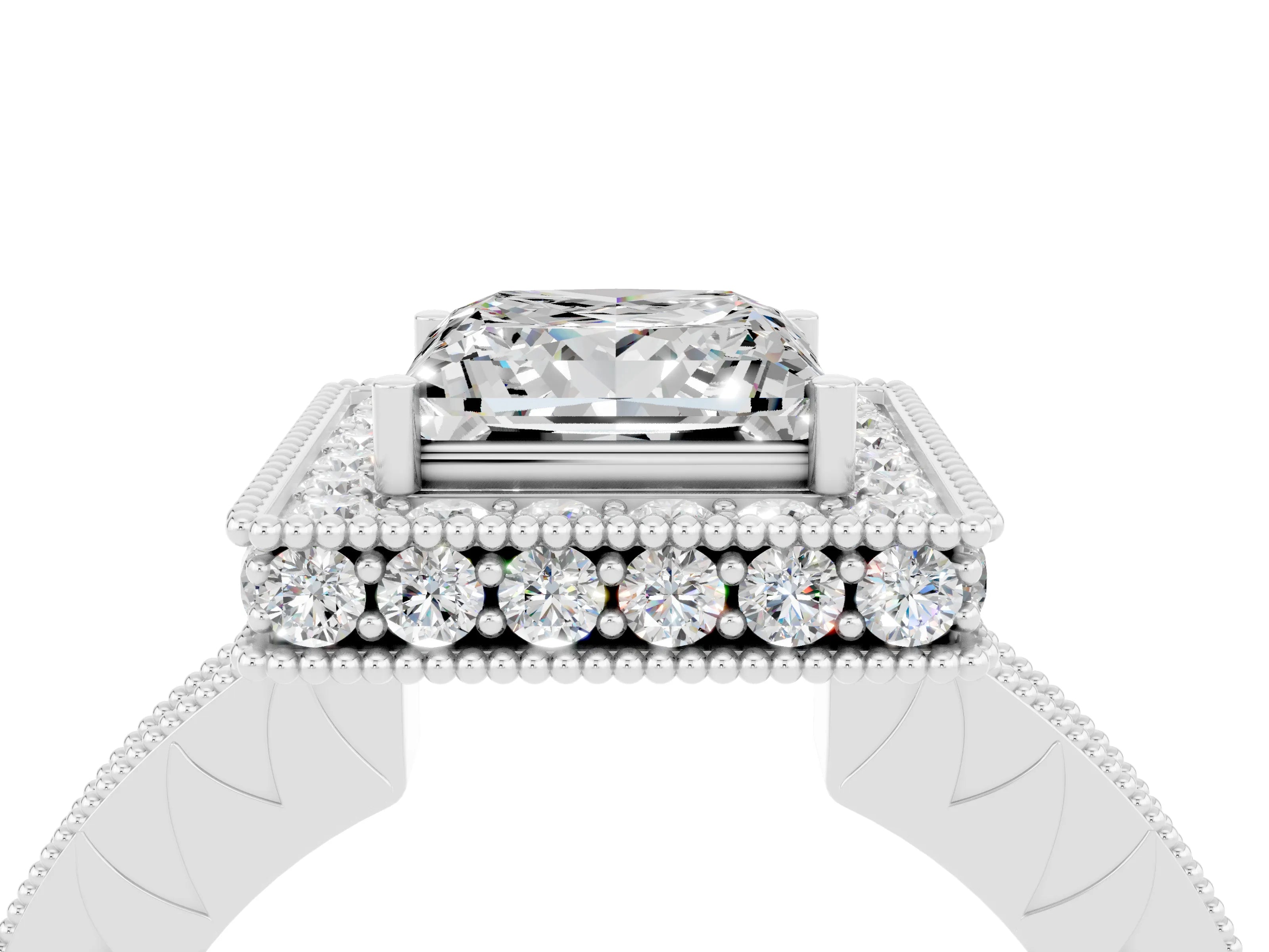 White gold Princess Cut Halo Diamond Engagement Ring with Milgrain Pave Band and Four-Prong Setting_4