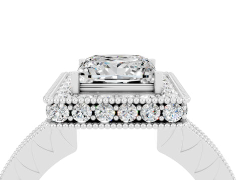 White gold Princess Cut Halo Diamond Engagement Ring with Milgrain Pave Band and Four-Prong Setting_4