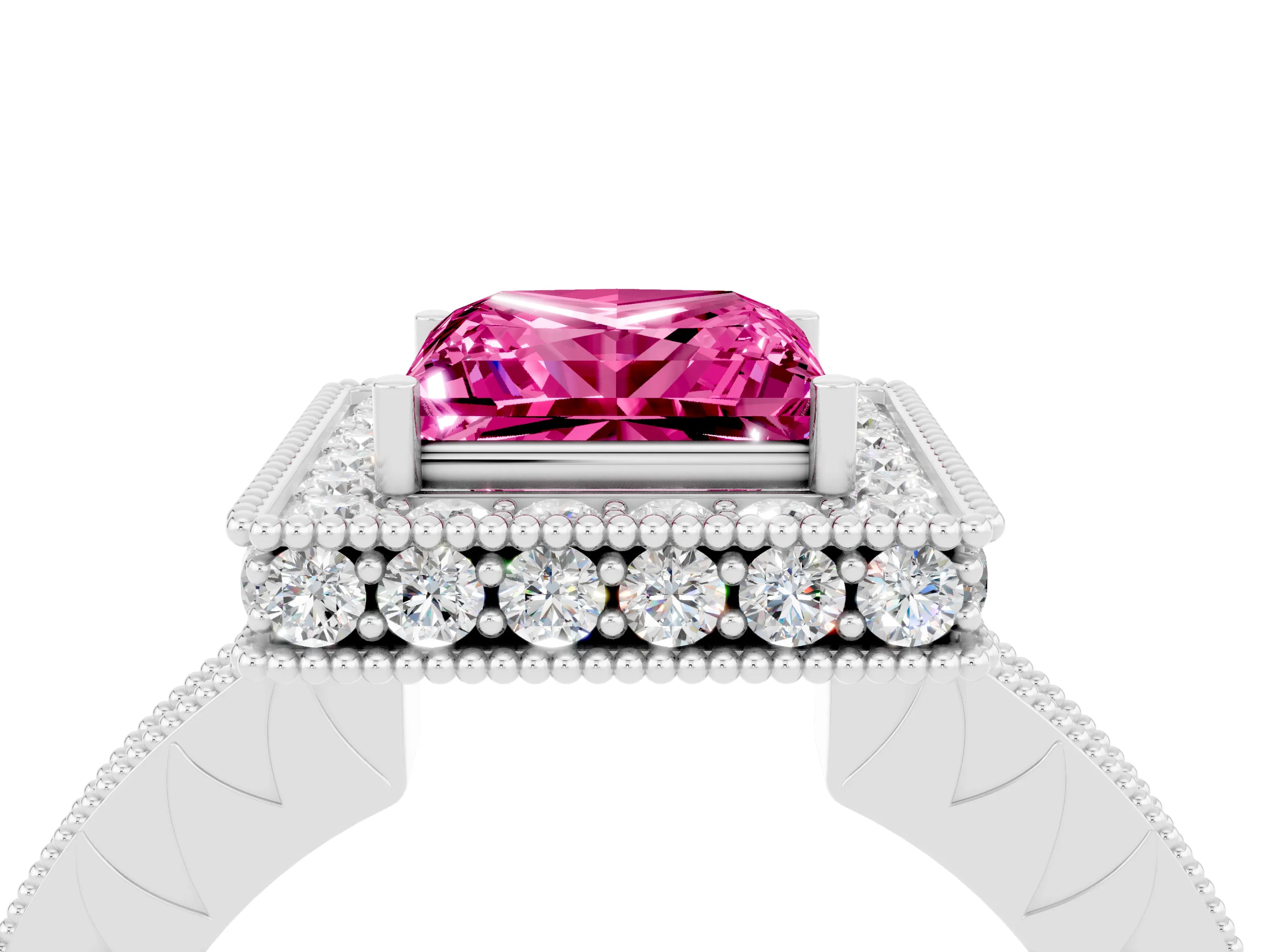 White gold Princess Cut Halo Diamond Engagement Ring with Milgrain Pave Band and Four-Prong Setting_4
