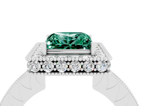 White gold Princess Cut Halo Diamond Engagement Ring with Milgrain Pave Band and Four-Prong Setting_4