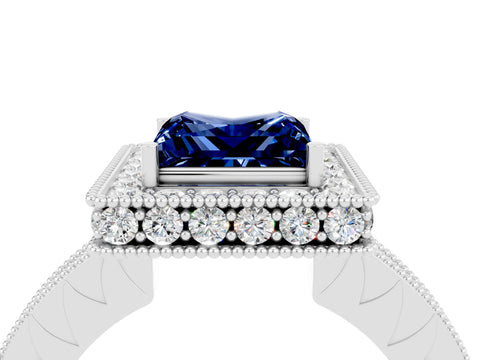 White gold Princess Cut Halo Diamond Engagement Ring with Milgrain Pave Band and Four-Prong Setting_4