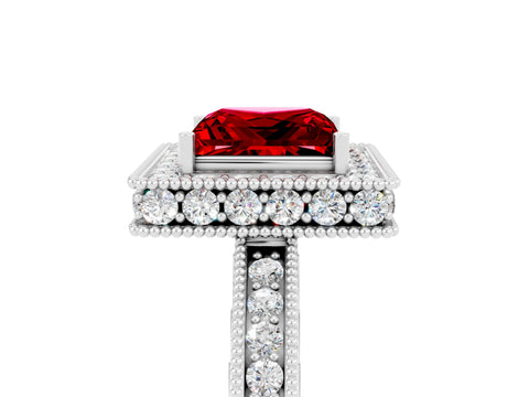 White gold Princess Cut Halo Diamond Engagement Ring with Milgrain Pave Band and Four-Prong Setting_5