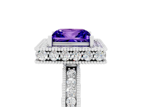 White gold Princess Cut Halo Diamond Engagement Ring with Milgrain Pave Band and Four-Prong Setting_5