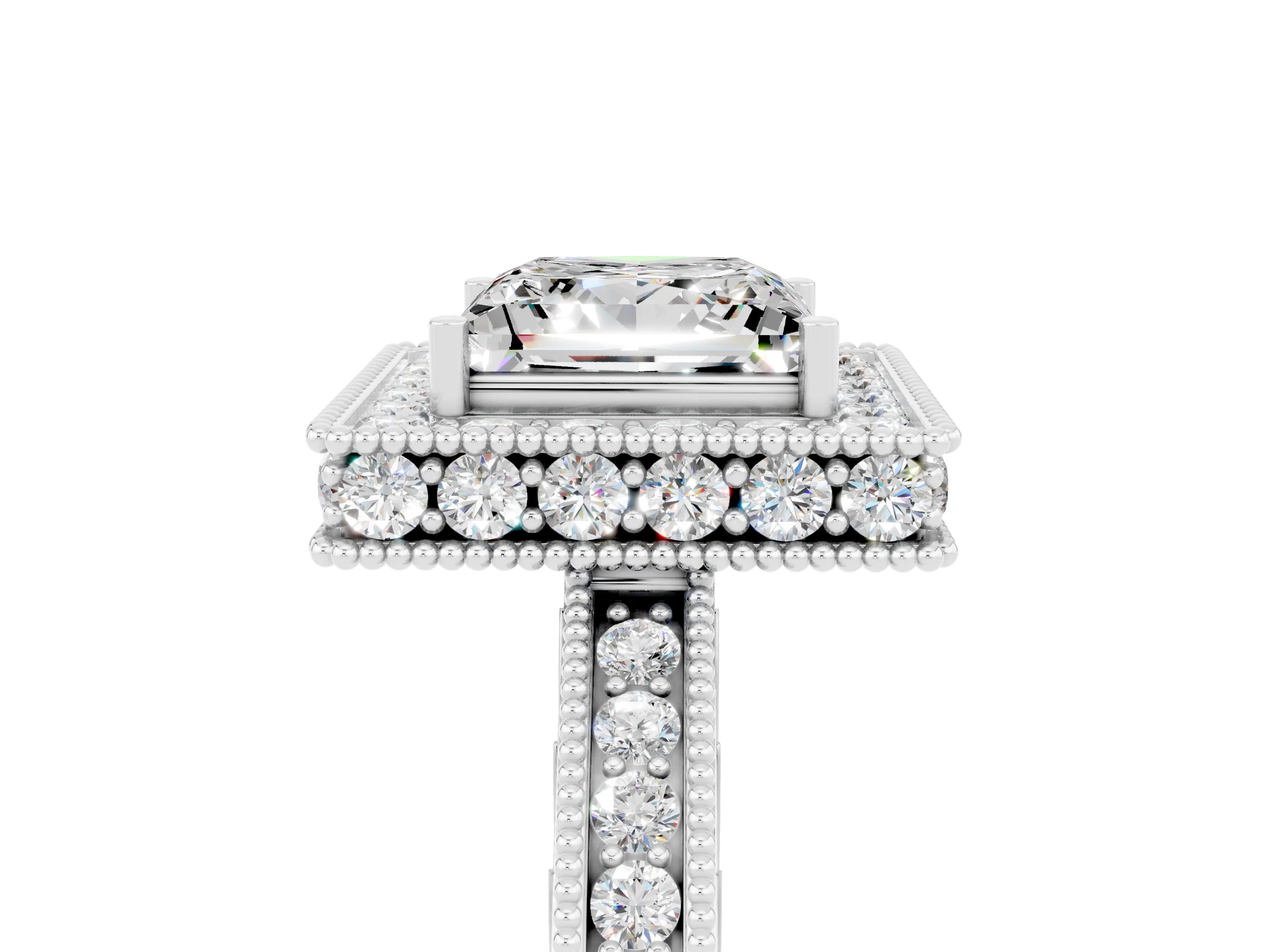 White gold Princess Cut Halo Diamond Engagement Ring with Milgrain Pave Band and Four-Prong Setting_5