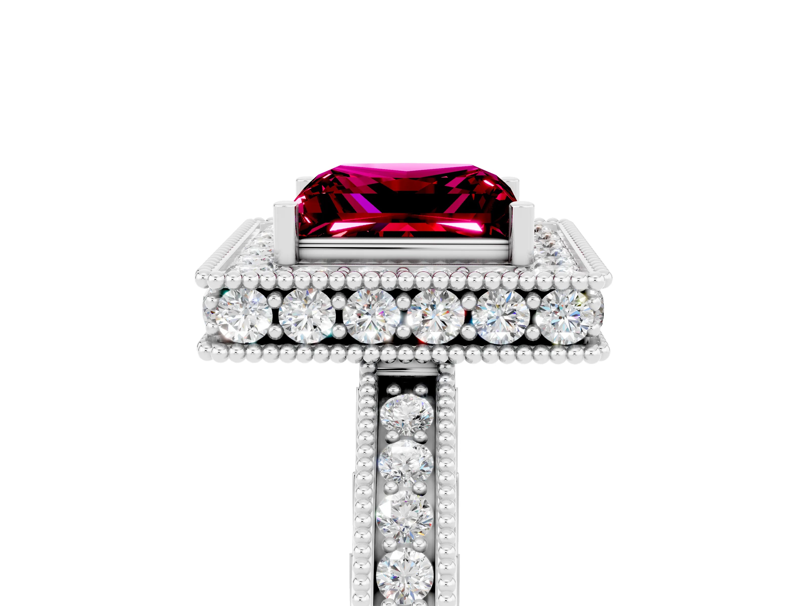 White gold Princess Cut Halo Diamond Engagement Ring with Milgrain Pave Band and Four-Prong Setting_5