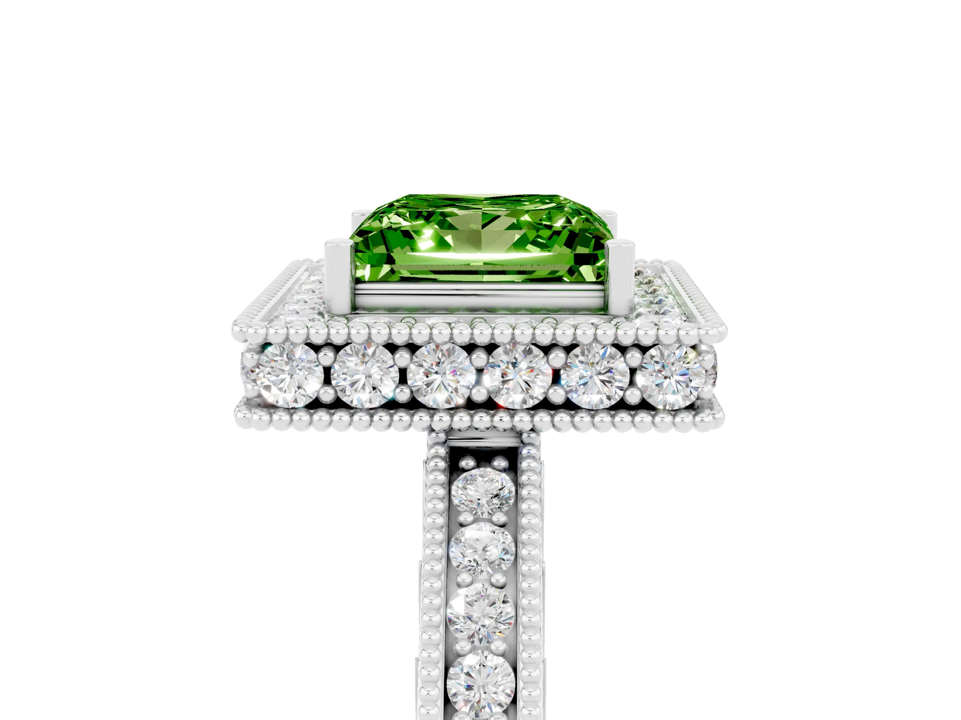 White gold Princess Cut Halo Diamond Engagement Ring with Milgrain Pave Band and Four-Prong Setting_5