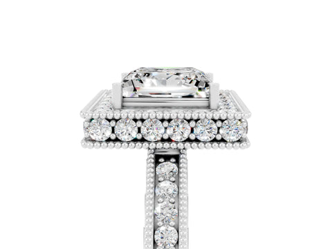 White gold Princess Cut Halo Diamond Engagement Ring with Milgrain Pave Band and Four-Prong Setting_5