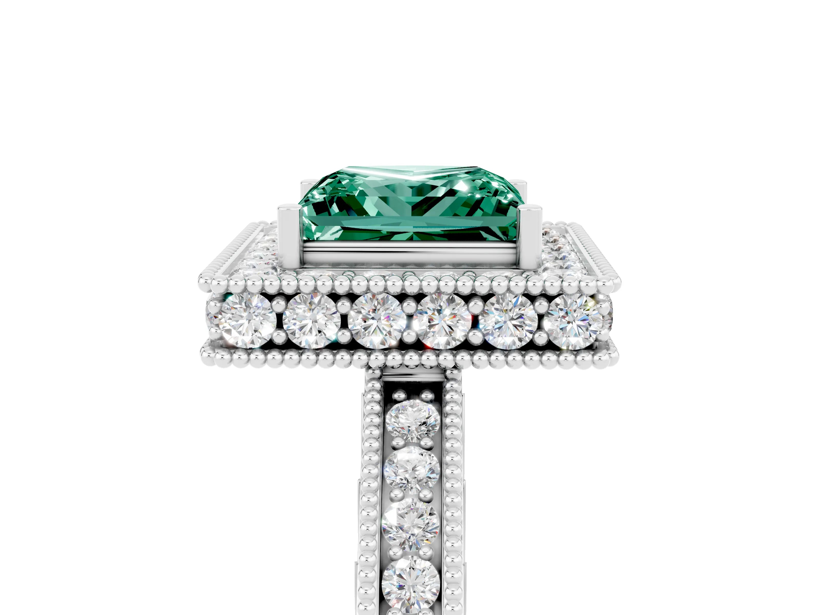 White gold Princess Cut Halo Diamond Engagement Ring with Milgrain Pave Band and Four-Prong Setting_5
