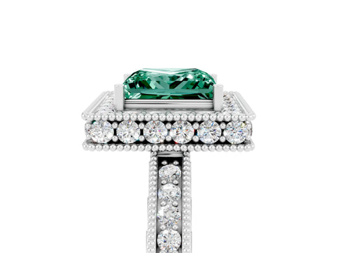 White gold Princess Cut Halo Diamond Engagement Ring with Milgrain Pave Band and Four-Prong Setting_5
