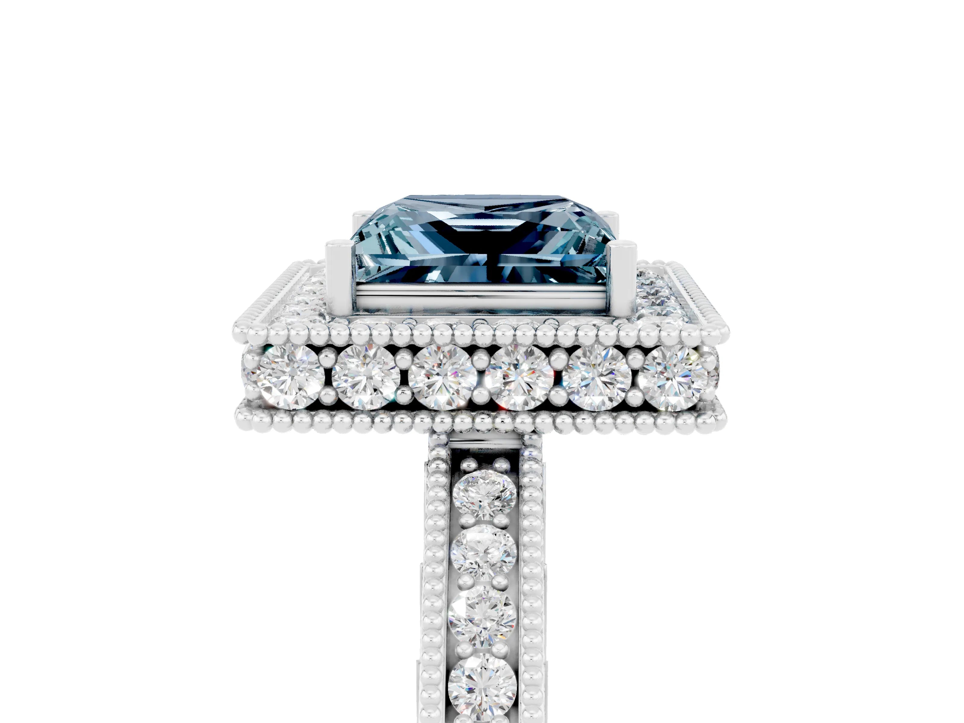 White gold Princess Cut Halo Diamond Engagement Ring with Milgrain Pave Band and Four-Prong Setting_5