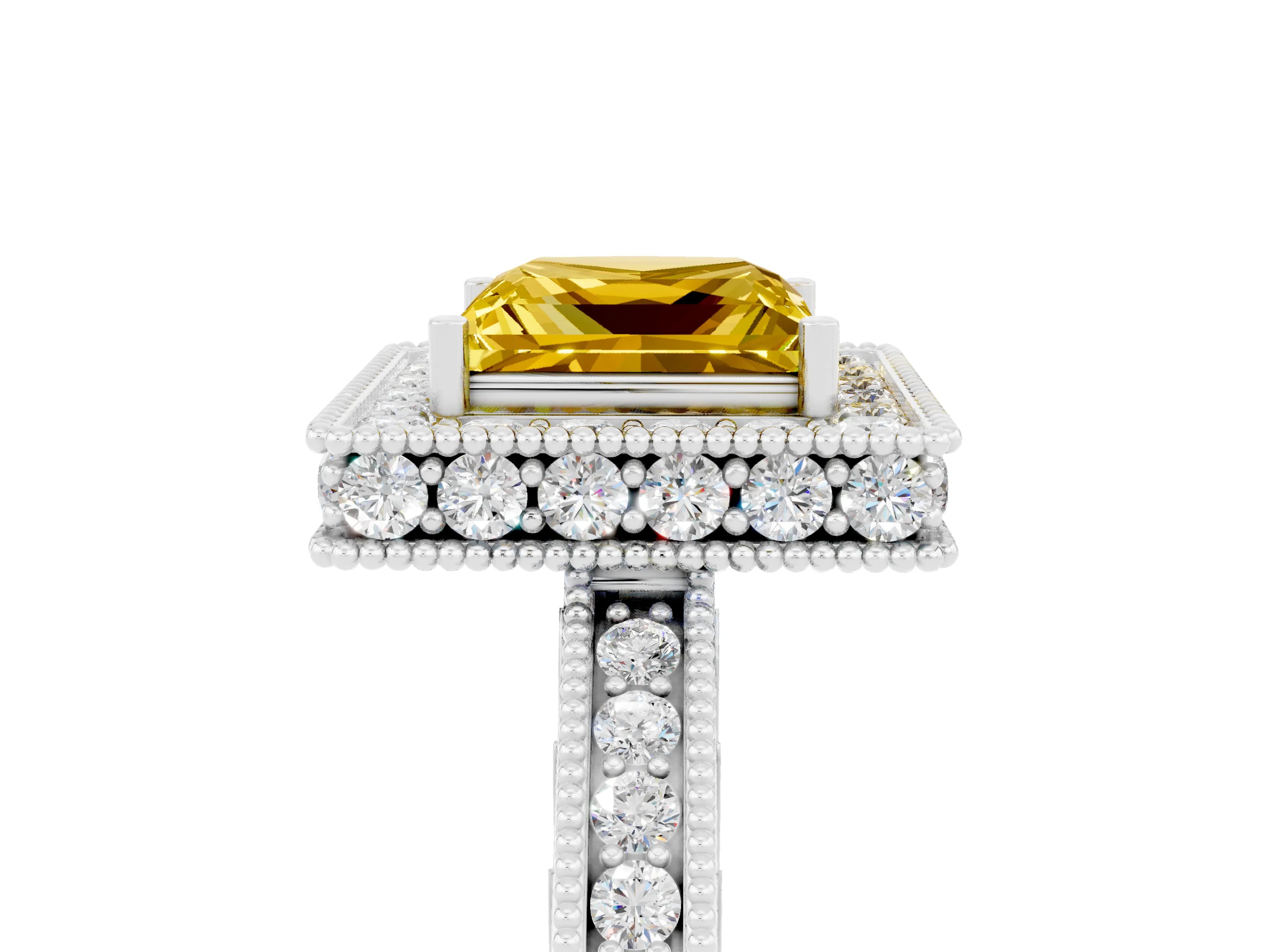 White gold Princess Cut Halo Diamond Engagement Ring with Milgrain Pave Band and Four-Prong Setting_5