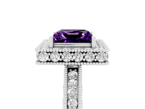 White gold Princess Cut Halo Diamond Engagement Ring with Milgrain Pave Band and Four-Prong Setting_5