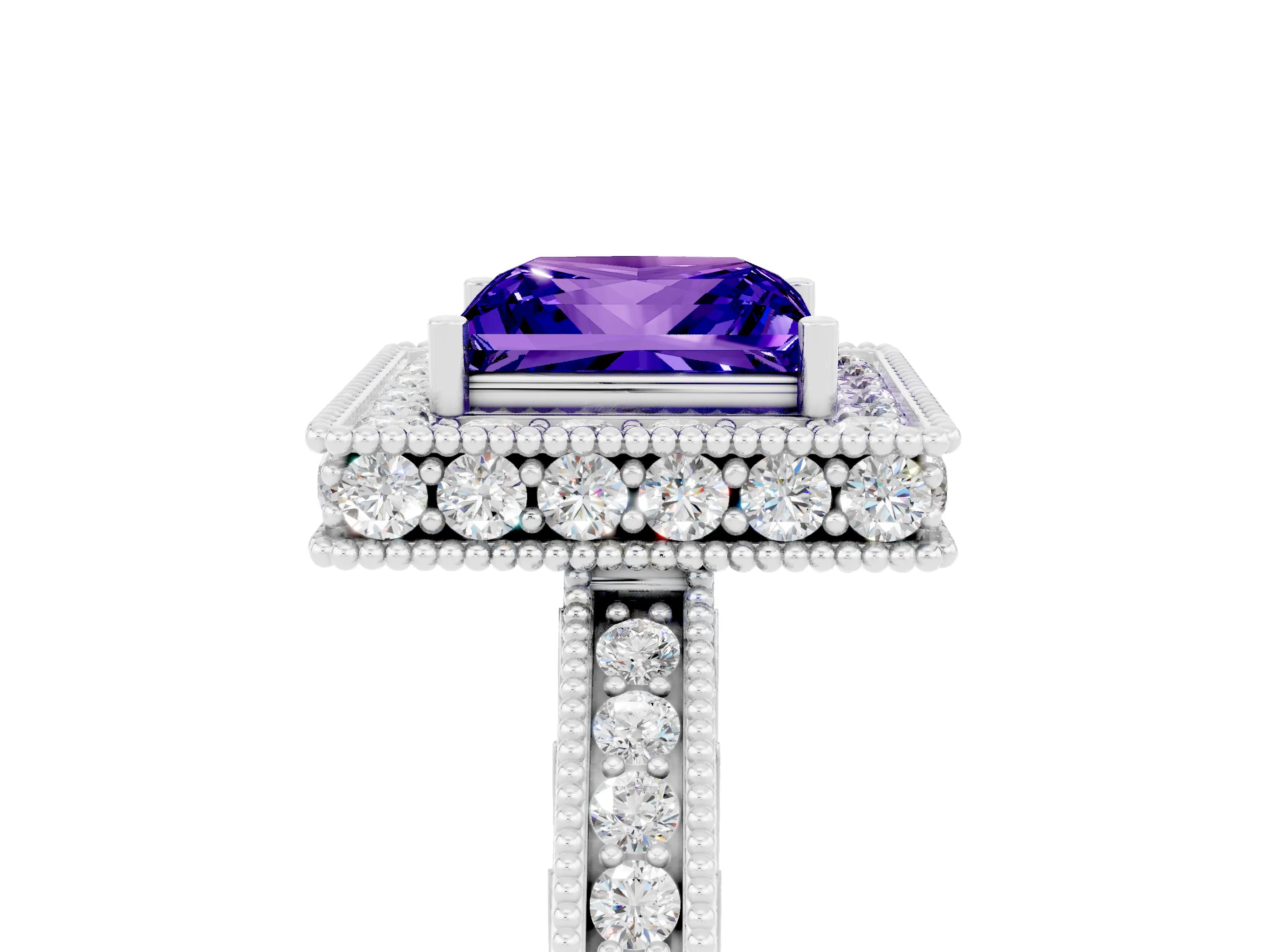 White gold Princess Cut Halo Diamond Engagement Ring with Milgrain Pave Band and Four-Prong Setting_5