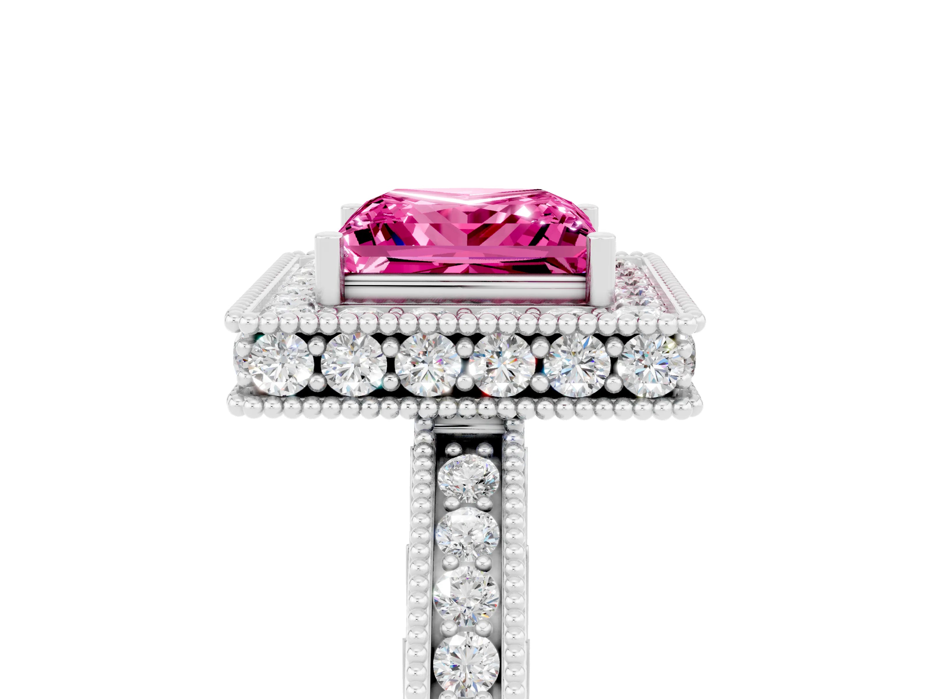 White gold Princess Cut Halo Diamond Engagement Ring with Milgrain Pave Band and Four-Prong Setting_5