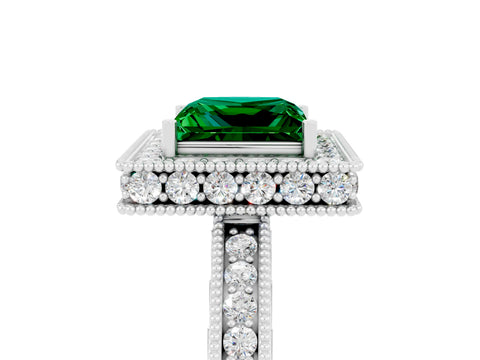 White gold Princess Cut Halo Diamond Engagement Ring with Milgrain Pave Band and Four-Prong Setting_5