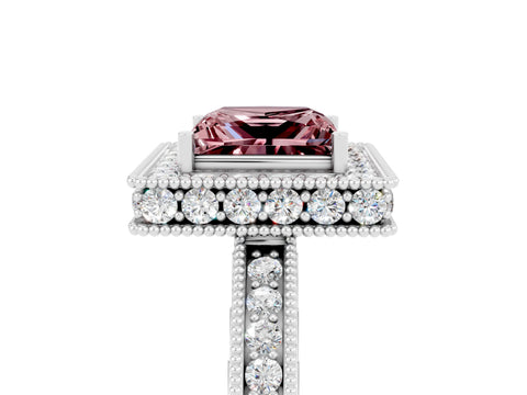 White gold Princess Cut Halo Diamond Engagement Ring with Milgrain Pave Band and Four-Prong Setting_5