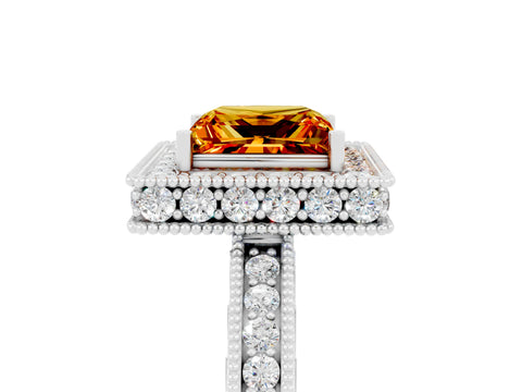 White gold Princess Cut Halo Diamond Engagement Ring with Milgrain Pave Band and Four-Prong Setting_5