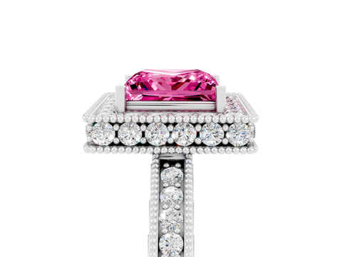 White gold Princess Cut Halo Diamond Engagement Ring with Milgrain Pave Band and Four-Prong Setting_5