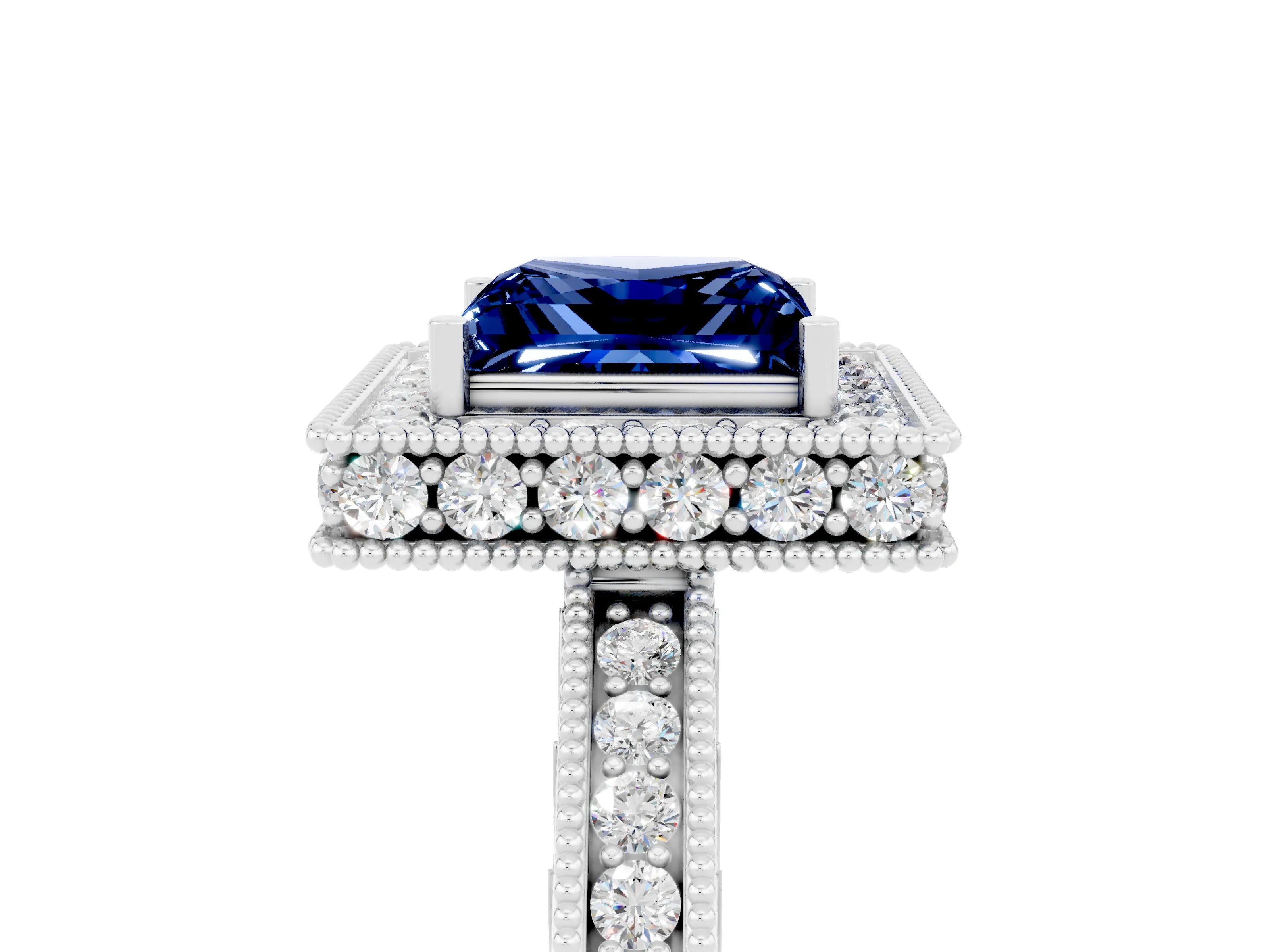 White gold Princess Cut Halo Diamond Engagement Ring with Milgrain Pave Band and Four-Prong Setting_5
