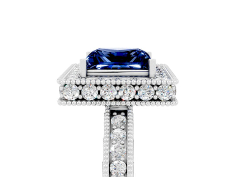 White gold Princess Cut Halo Diamond Engagement Ring with Milgrain Pave Band and Four-Prong Setting_5