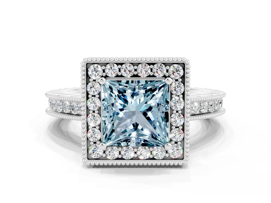 White gold Princess Cut Halo Diamond Engagement Ring with Milgrain Pave Band and Four-Prong Setting