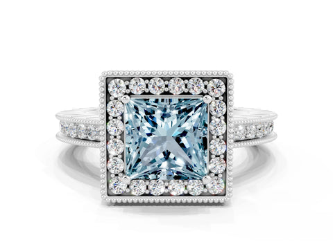 White gold Princess Cut Halo Diamond Engagement Ring with Milgrain Pave Band and Four-Prong Setting