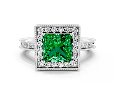 White gold Princess Cut Halo Diamond Engagement Ring with Milgrain Pave Band and Four-Prong Setting