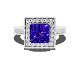 White gold Princess Cut Halo Diamond Engagement Ring with Milgrain Pave Band and Four-Prong Setting