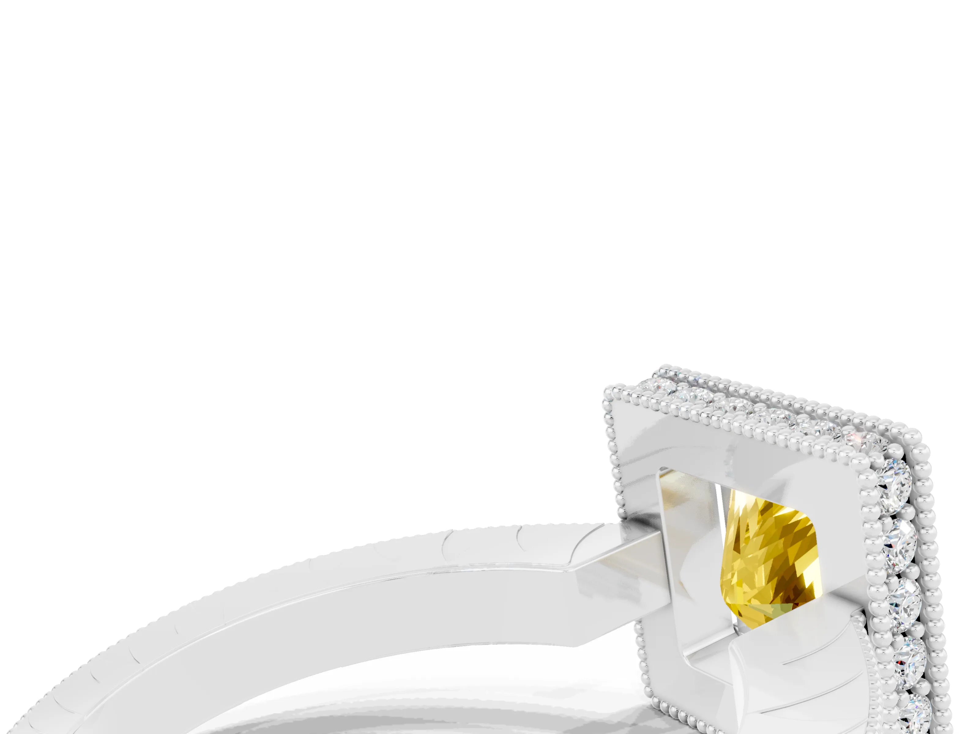 White gold Princess Cut Halo Diamond Engagement Ring with Milgrain Pave Band and Four-Prong Setting