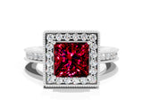 White gold Princess Cut Halo Diamond Engagement Ring with Milgrain Pave Band and Four-Prong Setting
