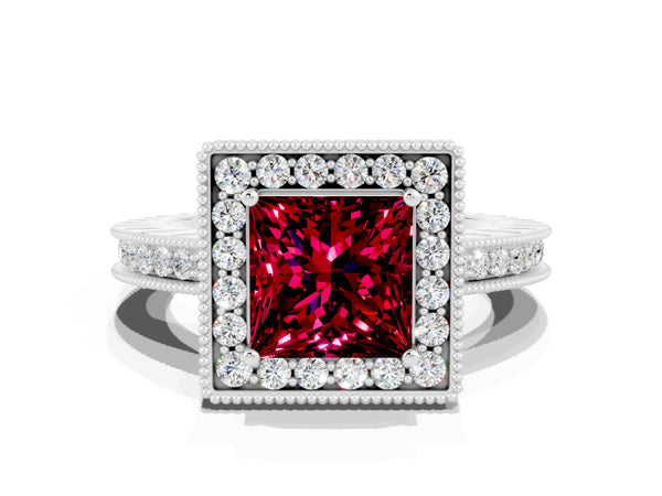 Platinum Princess Cut Halo Diamond Engagement Ring with Milgrain Pave Band and Four-Prong Setting